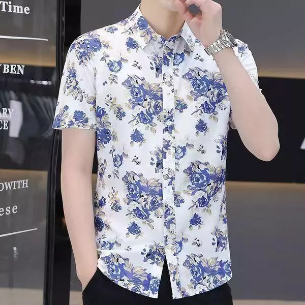 เสื้อเชิ้ตผู้ชายลายดอกแขนสั้น สไตล์วินเทจ thumbnail 3