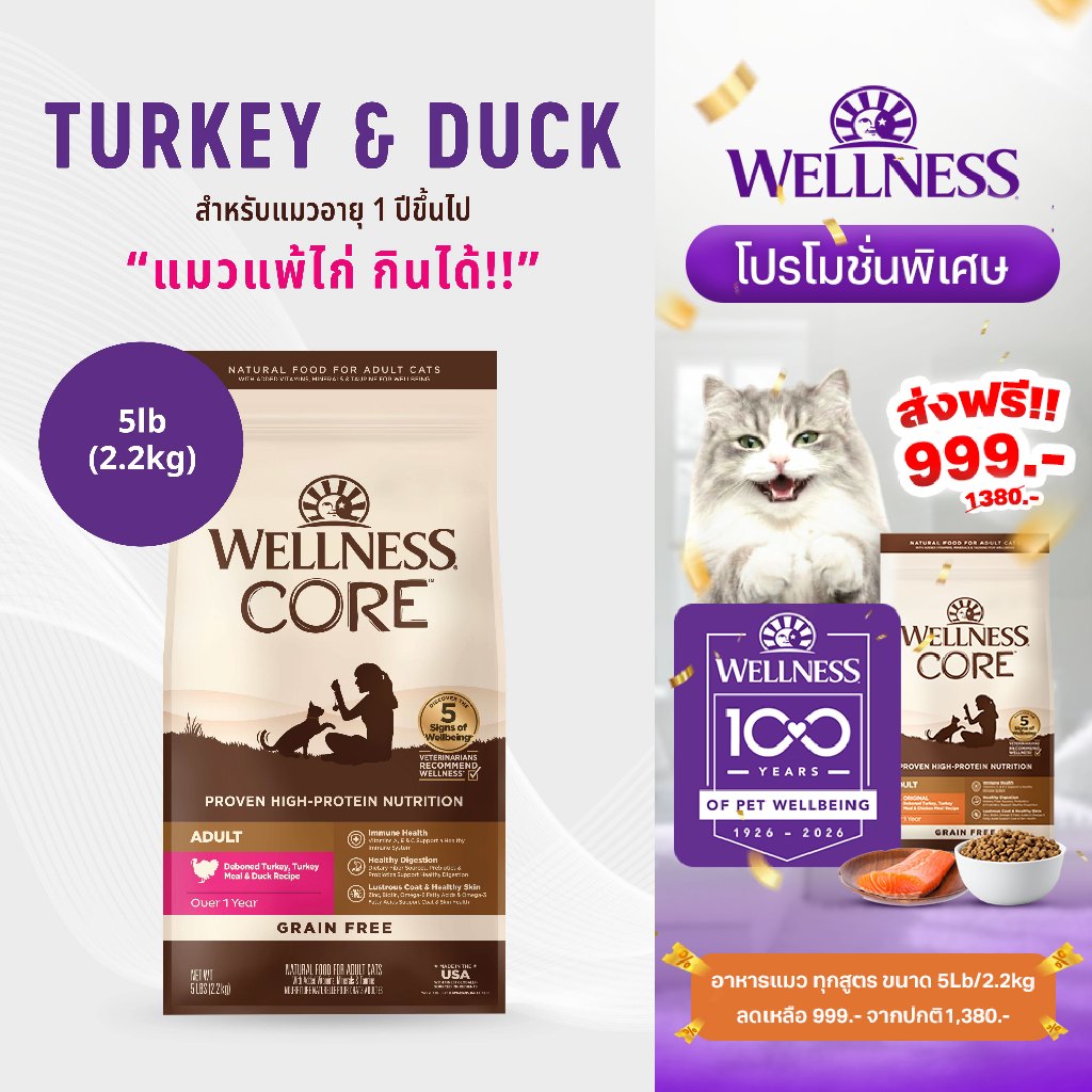 [ส่งฟรี]อาหารแมวพรีเมียม WELLNESS CORE สูตร Turkey&Duck 5lb (2.2kg) || 8859|| 21/03/2026
