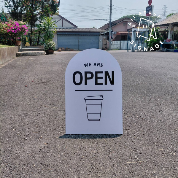 ป้ายตั้ง 1 หน้า OPEN+แก้ว ''แบบโค้ง'' ป้ายเปิดตั้งพื้น ป้ายตั้งพื้น หน้าร้าน คาเฟ่ ร้านอาหาร ร้านค้า