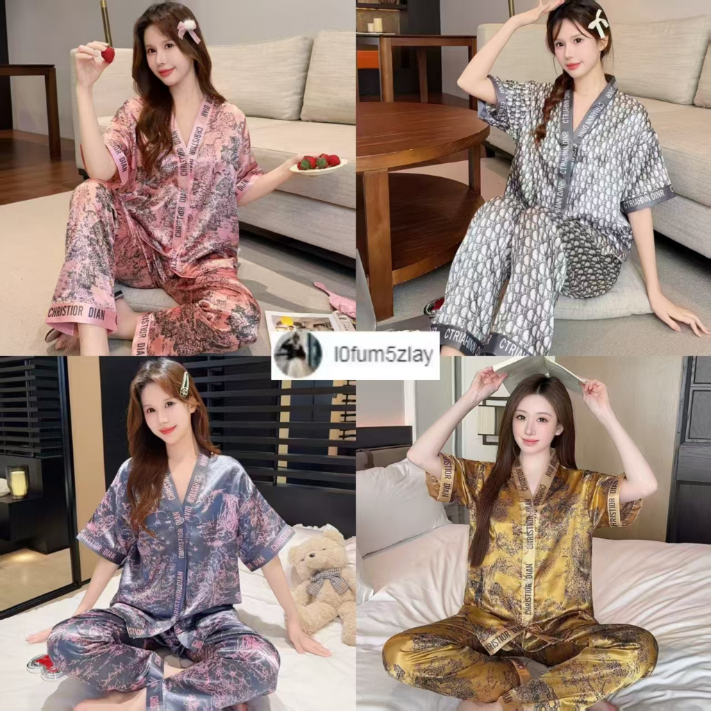 M-3XL(ราคาถูกที่สุด)ชุดนอนผ้าซาติน，ชุดนอน 2 ชิ้น，12 ลายสวย ๆ，ขายาว+เสื้อ