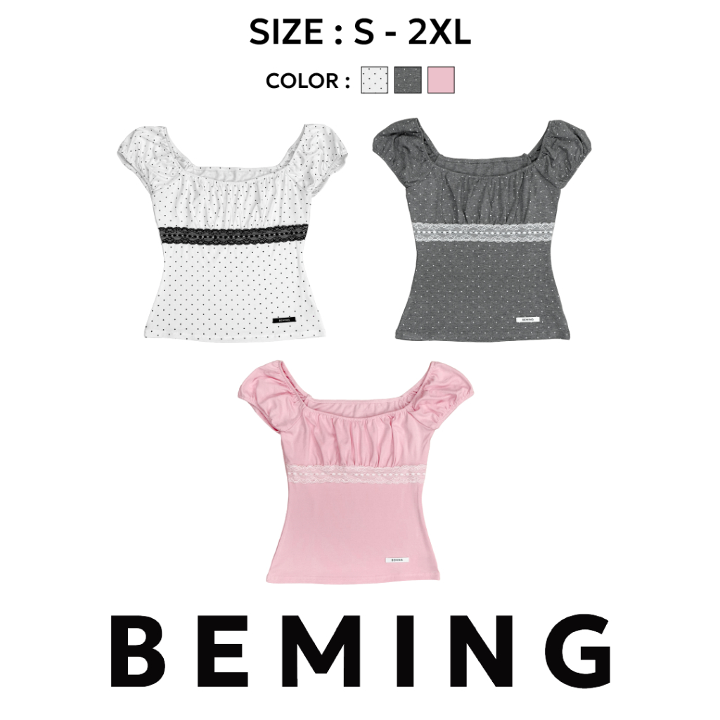 (PRE7-14วัน)Bemingtop1145(S-2XL)-Yura Top - เสื้อปาดไหล่ดีไซน์แขนตุ๊กตา เพิ่มความน่ารักด้วยดีเทลลูกไม้ช่วงอก โทนสีละมุน