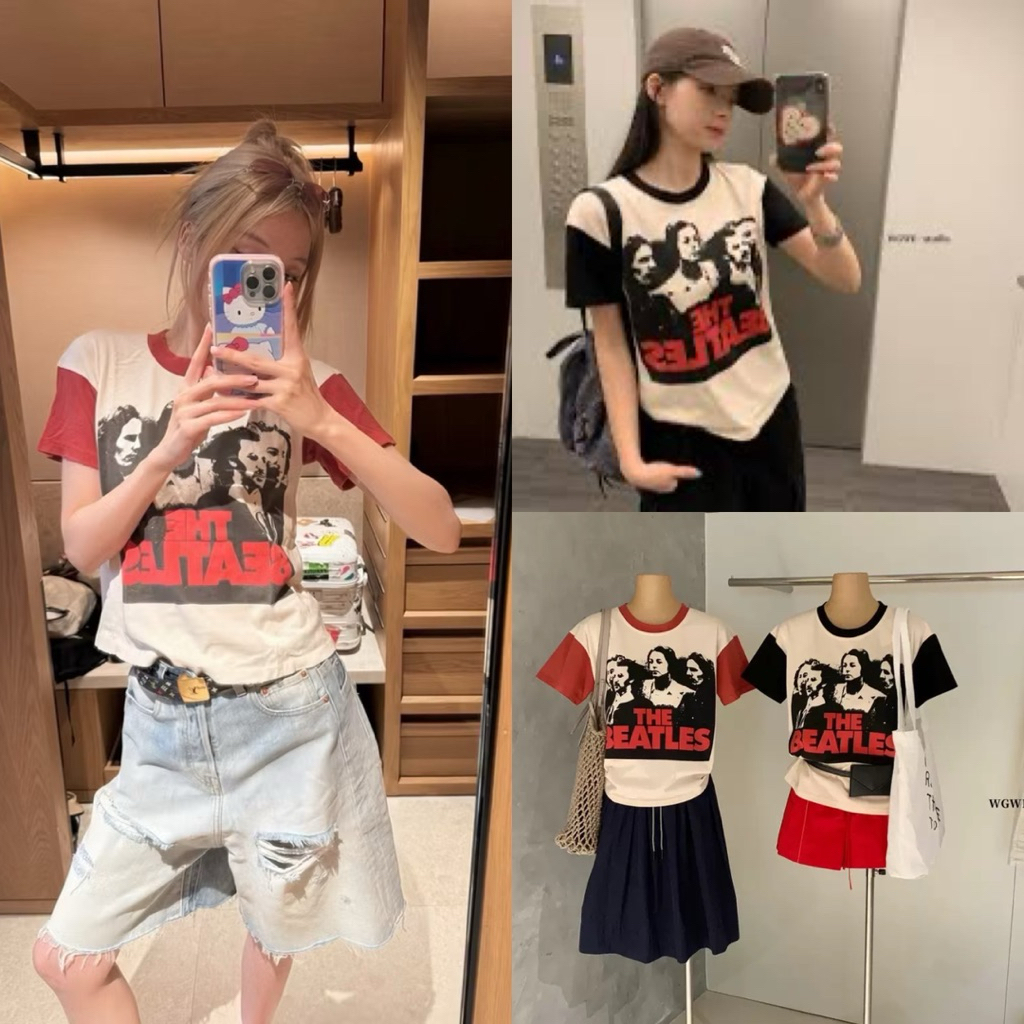 ส่งด่วน 🛵 𝐖𝐆.𝐖𝐄 8793 เสื้อคอกลมแขนสั้น สีทูโทน พิมพ์ลายด้านหน้า