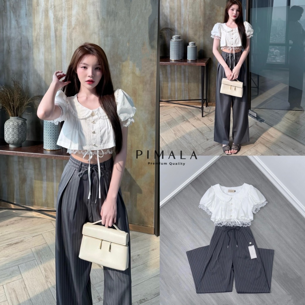 Pimala เซ็ทเสื้อคอปกด้านในเป็นลูกไม้แขนสั้น