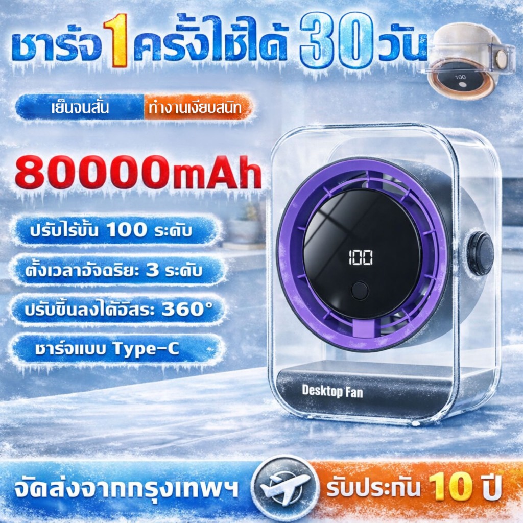 【พร้อมตัวจับเวลา】พัดลมพกพา พัดลมตั้งโต๊ะ แบตใหญ่ 80000mAh ปรับความเร็วได้ 100ระดับ ติดผนังและตั้งโต๊ะ 2in1 พัดลมไร้สาย