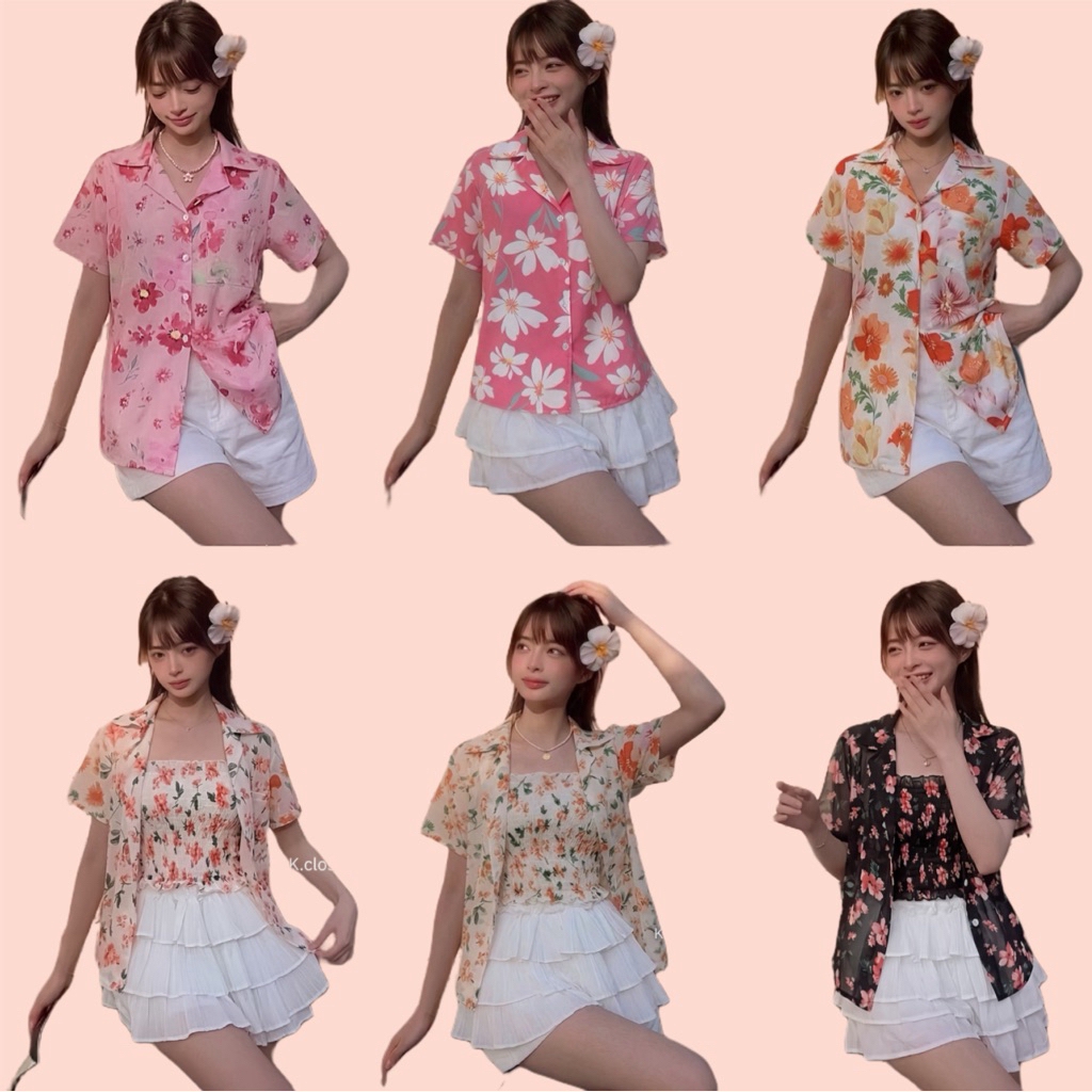 (อก28-38) เสื้อเชิ้ตฮาวาย + เกาะอก เสื้อเชิ้ตฮาวายคอปก ลายดอกไม้Summer เสื้อเชิ้ตฮาวายสงกรานต์