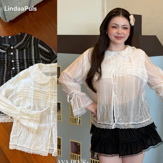 LindaaPlus-- เสื้อแขนยาวคอบัวลายจุดสาวอวบอ้วน 🤍🖤 เนื้อผ้าโรซี่ ลายจุดเล็กๆ ใส่สบาย ไม่ร้อน🍃 มี2สีนะคะ