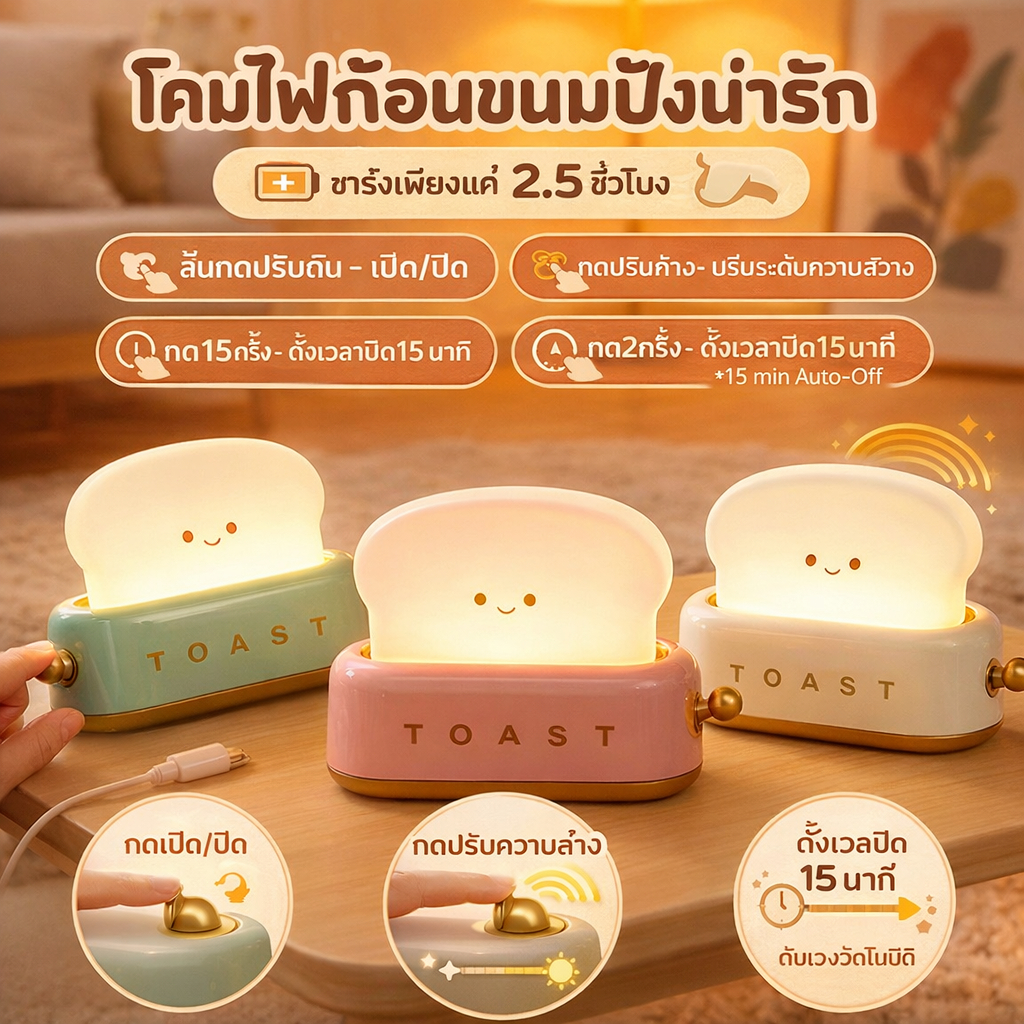 โคมไฟหัวเตียง โคมไฟตั้งโต๊ะ LED รูปขนมปัง ปรับความสว่างได้ ตั้งเวลาได้ ชาร์จใหม่ได้ ไฟตั้งโต๊ะ ชาร์จ USB โคมไฟตั้งโต