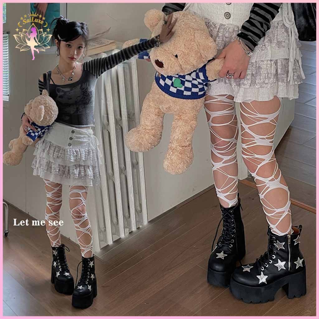 🖤 ถุงน่องตาข่ายรูปแตก สไตล์ปังก์ Y2K สุดเท่ ขยายได้ดี สาวอวบใส่ได้สวย