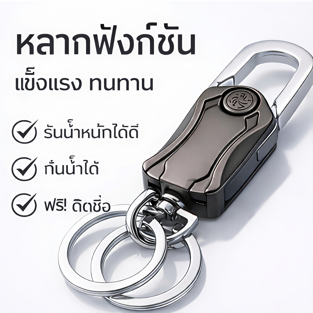 พวงกุญแจโลหะเกรดพรีเมียม แข็งแรงพิเศษ ทนทาน ไม่เป็นสนิม กันน้ำ หมุนได้ ดีไซน์เรียบหรู ฟรีสลักชื่อ