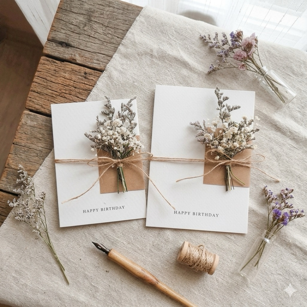 ・Camin Craft・ การ์ดอวยพร การ์ดช่อดอกไม้แห้งโทนแคชเปียผสม