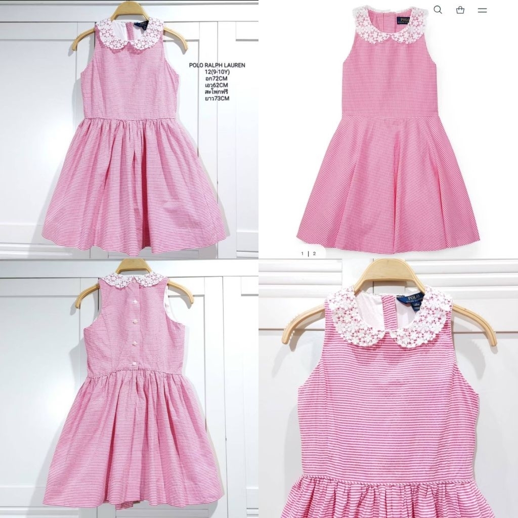เดรสเด็ก POLO RALPH LAUREN Gingham Cotton Poplin Dress แท้100% ลายทางสีชมพูขาว คอบัวลูกไม้สุดหรู ไซส