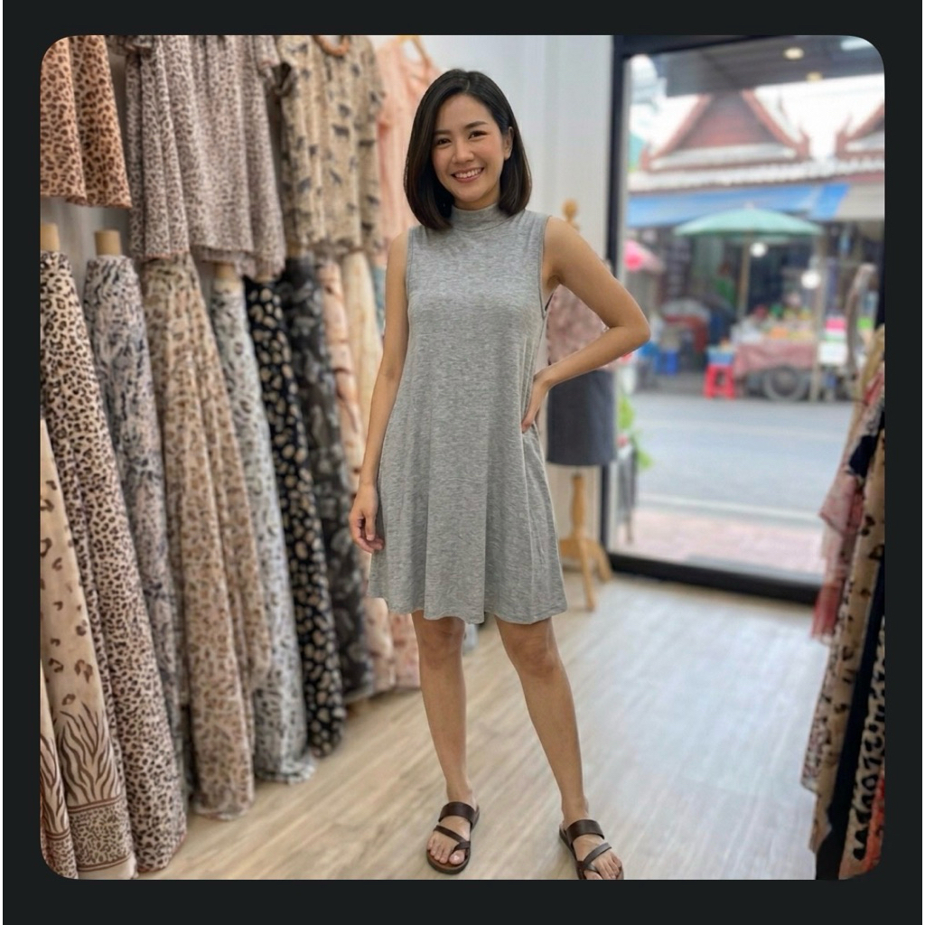 212_6ixty8ight เดรสสั้น คอปีน ผ้าเรย่อนหนา ทิ้งตัว ผ้านุ่ม เเขนกุด สีเทา