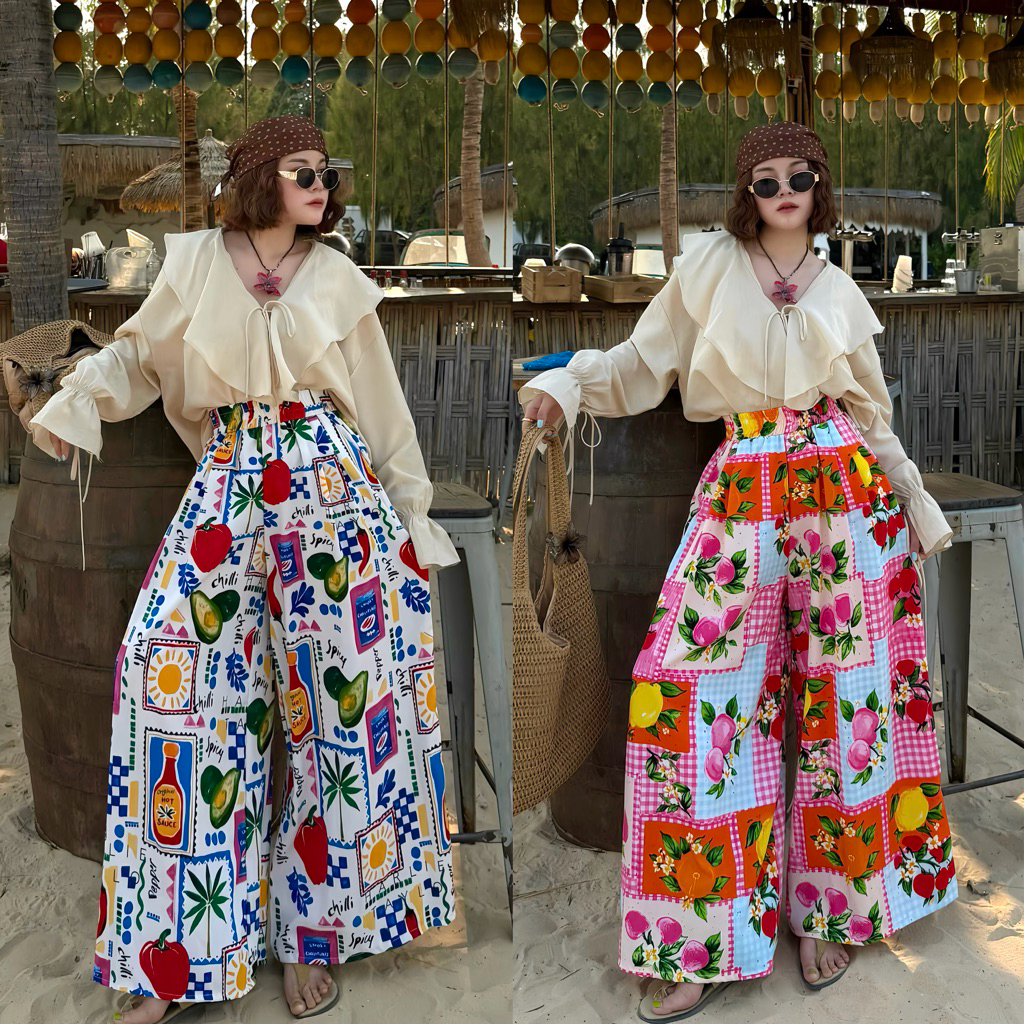 กางเกงกระโปรง Summer  ผ้าไหมญี่ปุ่นพิมพ์ลาย เอว 24-38 ผ้าใส่สบาย ไม่ร้อน