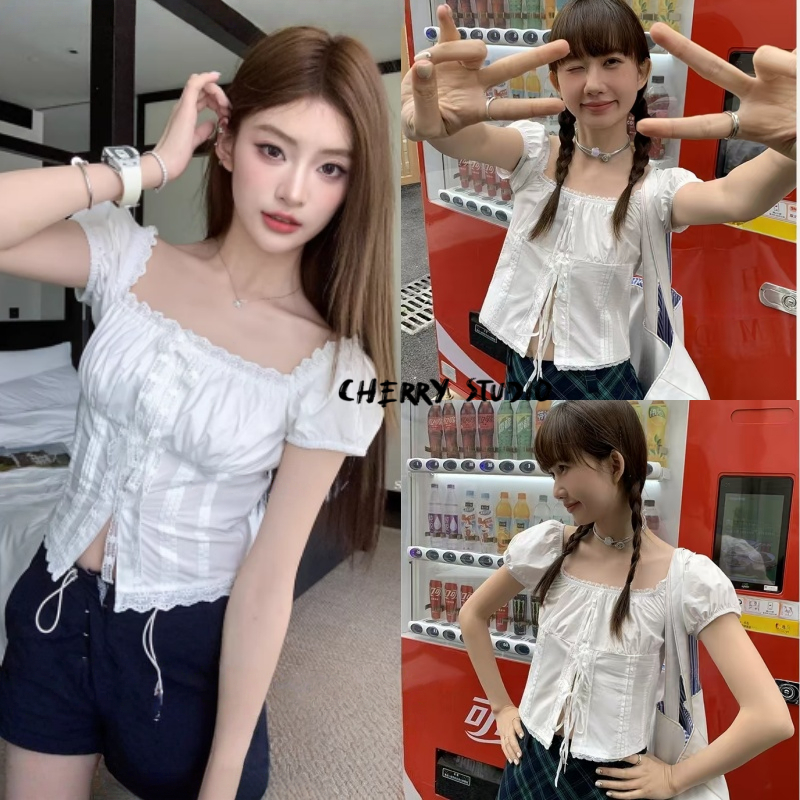 Cherry🎀พร้อมส่ง🎵เสื้อเชิ้ตแขนสั้นผู้หญิง สไตล์หวานหวาน มีลูกไม้และริบอนมัดผูก ดีไซน์หรูหรา โดดเด่นไม่ซ้ำใคร ช่วยกระชับ