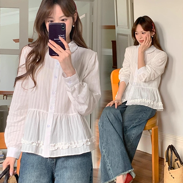 C&T#เสื้อเชิ้ตสีขาวสำหรับผู้หญิง ทรงปกปีเตอร์แพน แขนยาว ตกแต่งด้วยลูกไม้ ดีไซน์น่ารัก#W714