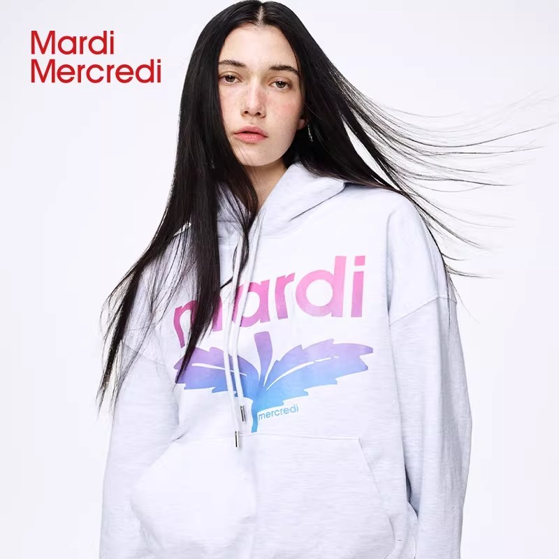 【Mardi Mercredi】Grass Letter Gradient Print Hoodie Mardi เสื้อกันหนาวหลวมพอดีผ้าฝ้ายเต็มรูปแบบเสื้อช