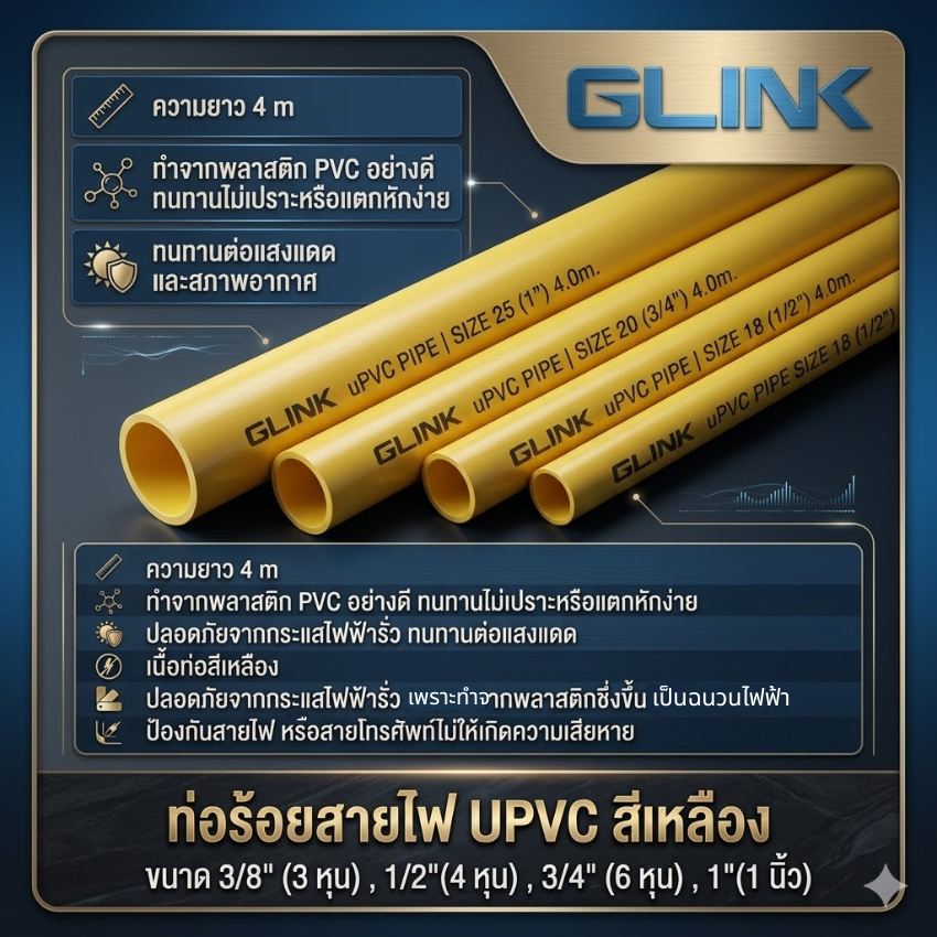 GLINK ท่อร้อยสายไฟ uPVC (สีขาว / สีเหลือง) ขนาด 3/8"-1" ยาว 4 เมตร ทนแดด ทนฝน ใช้งานภายนอก