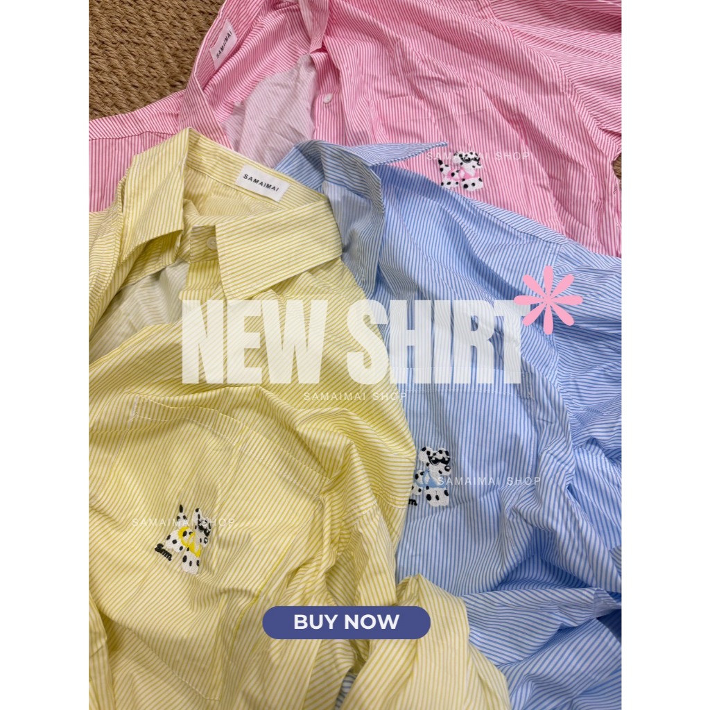 เสื้อเชิ้ตแขนยาว ลายทางทรงโอเวอร์ไซส์ งานปักน้องหมาSmm #9310-1