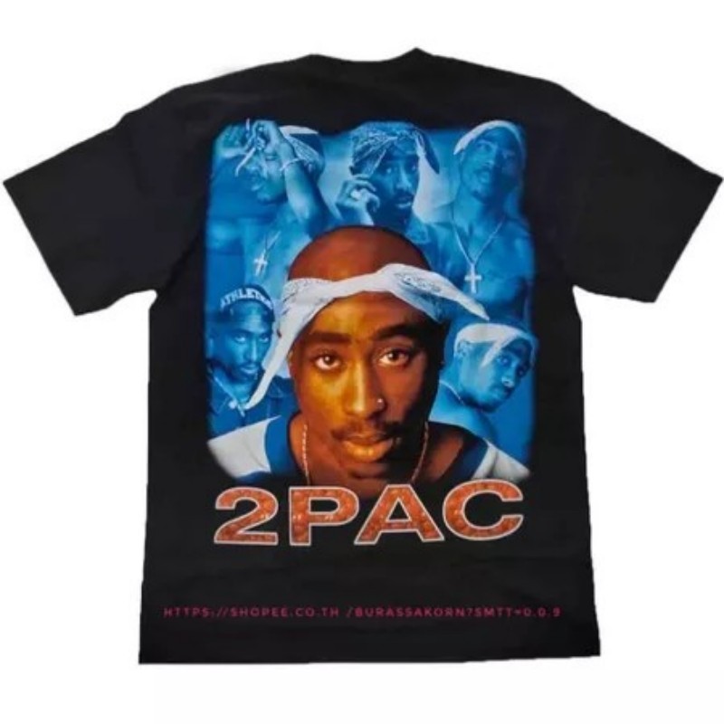 เสื้อยืด 2PAC SHAKUR แขนสั้น สีดำ คอตตอน 100% สไตล์ฮิปฮอป Rap Vintage Tee ผู้ชาย