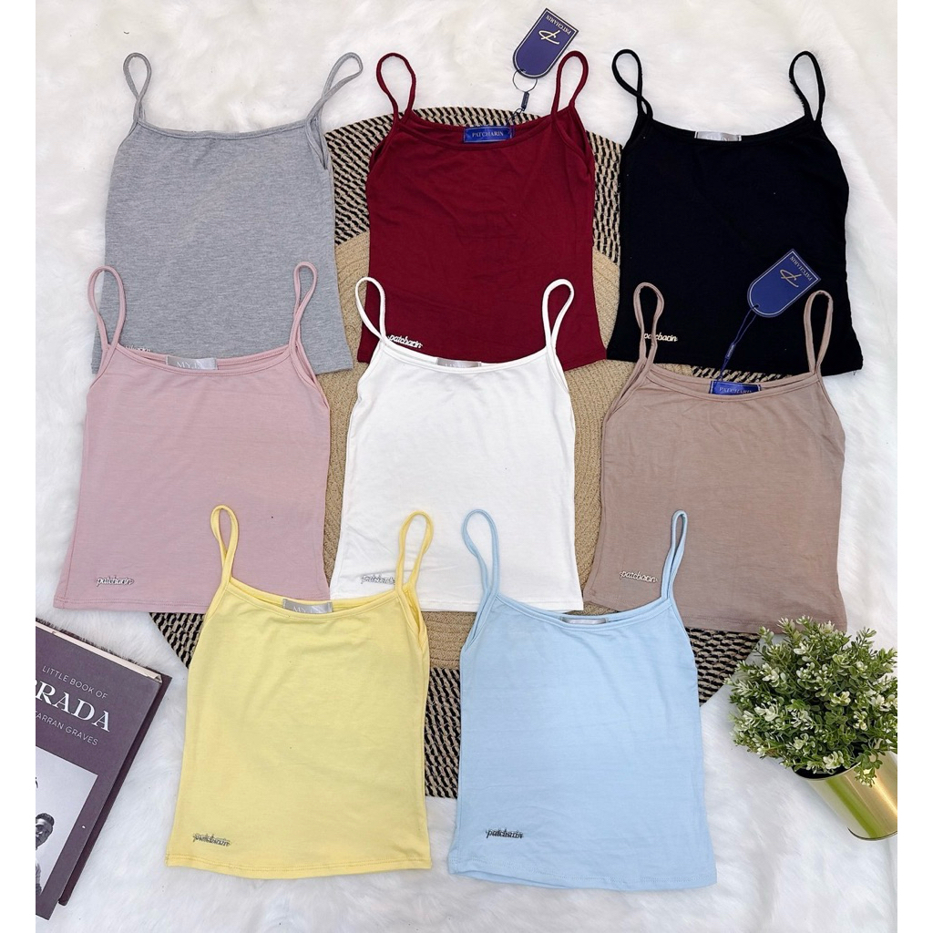 mnv_shop  เสื้อสายเดี่ยวผ้าเรย่อน คอยูแต่งอาไหล่MYตรงชายเสื้อ