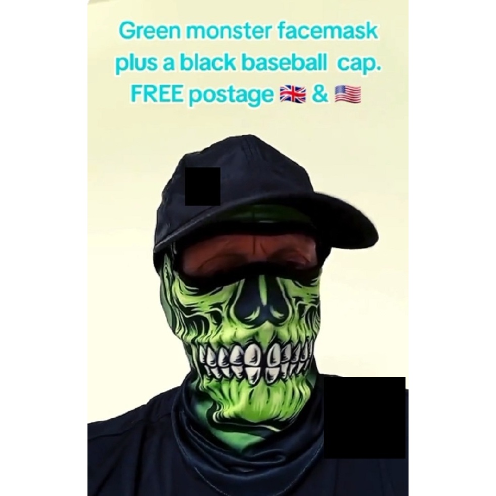 Green skull monster facemask and head cover, Monster mask, scary facemask.
