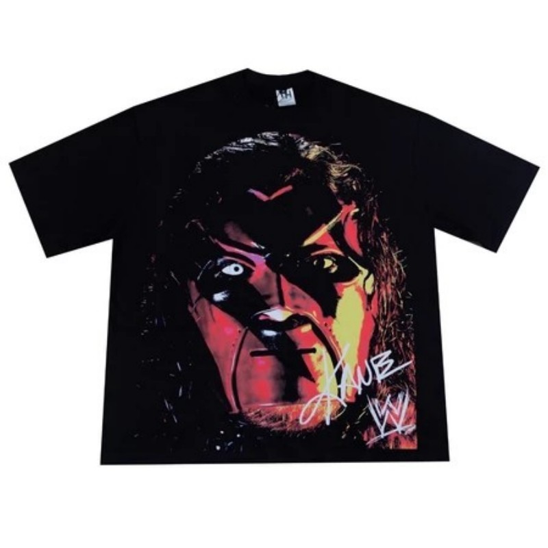 เสื้อยืด WWE KANE ลายหน้าmask แขนสั้น สีดำ คอตตอน100% Wrestling Streetwear ผู้ชาย