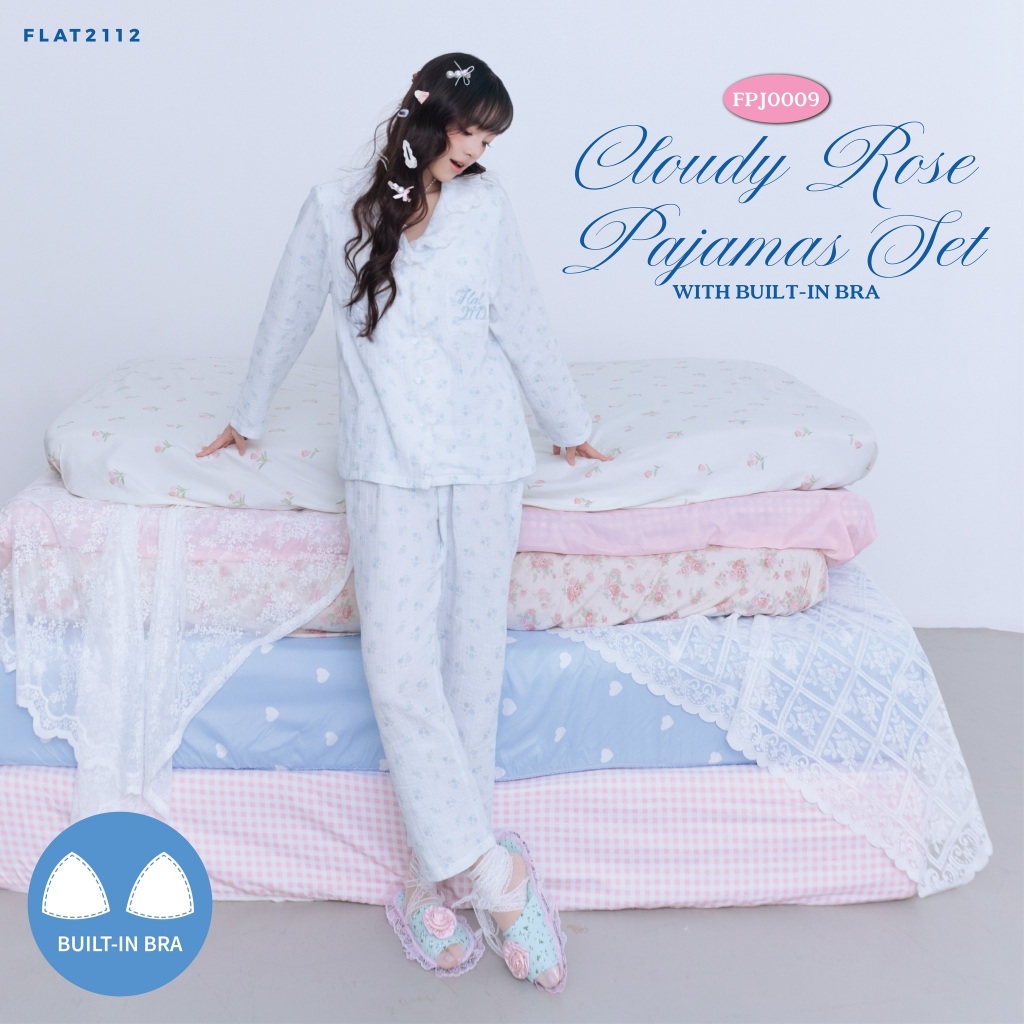 FLAT2112 : CLOUDY ROSE PAJAMAS SET WITH BUILT-IN BRA ชุดนอนเซตผ้านุ่มพิเศษ ใส่สบาย ผ้านุ่มลื่น เซตลุคคุณหนู(FPJ0009)