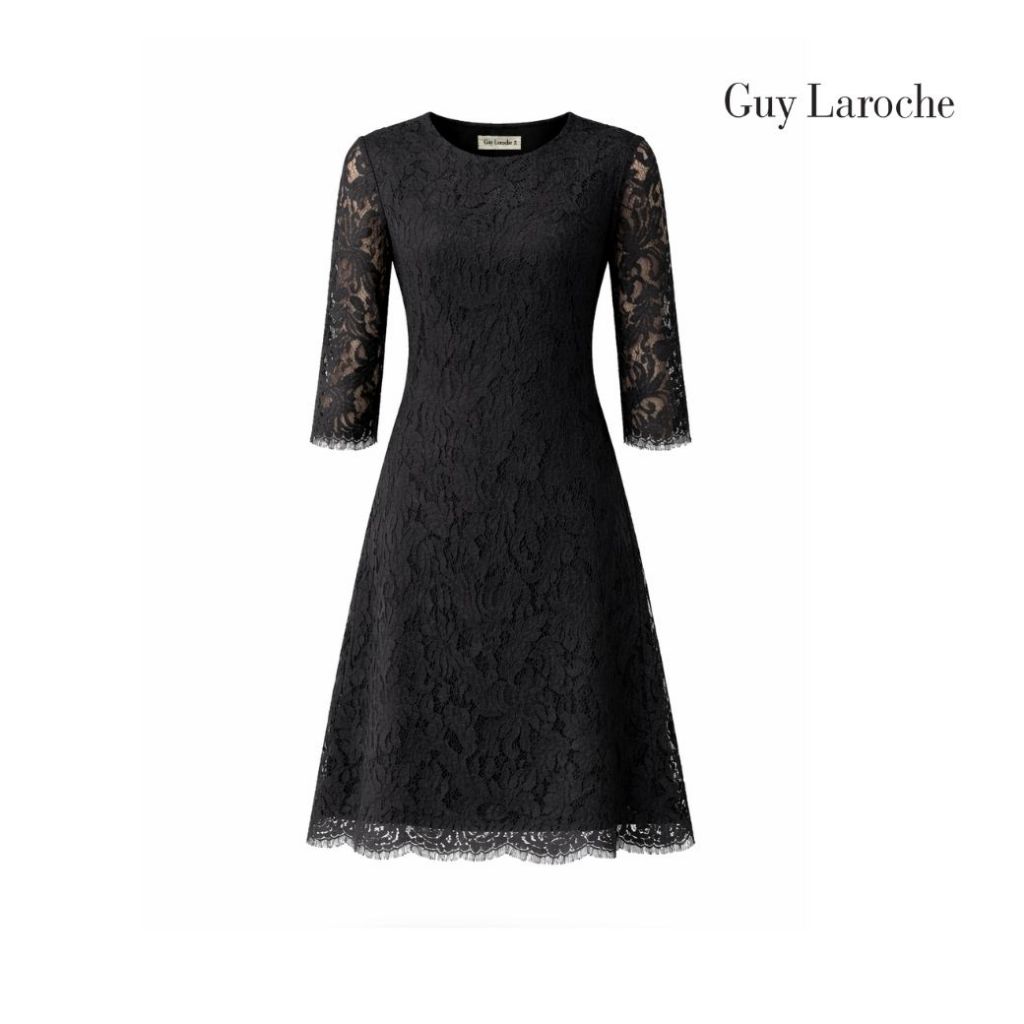 Guy Laroche Dress Luxury lace เดรสคอกลม แขนสามส่วน สีดำ GCADBL