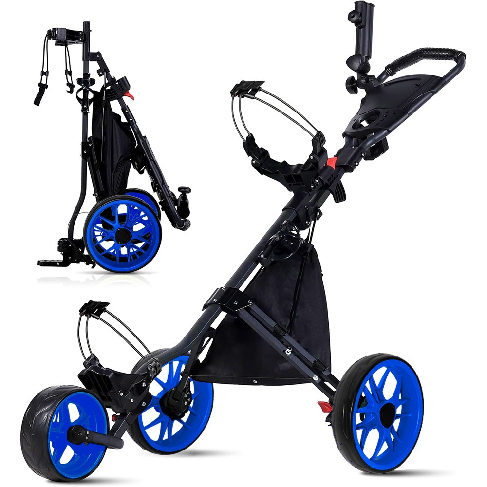 รถเข็นอลูมิเนียมสามล้อพับได้สำหรับใช้ขนส่งกอล์ฟ Golf bag carrier - Three-wheel foldable aluminum handcart