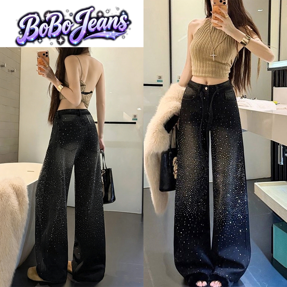 BoBo Jeans สินค้าพร้อมส่งกรุงเทพฯ กางเกงยีนส์ดำเพชรรีดดวงดาวเงางาม ผู้หญิงปี2026 เอวสูงปรับรูปทรงมีดขากว้าง