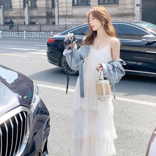 【พร้อมส่งโกดังไทย】 🌈ชุดเดรสยาวสายเดี่ยวผ้าบางเบา ลายรอยย่น ลูกไม้ขอบ สไตล์วินเทจ