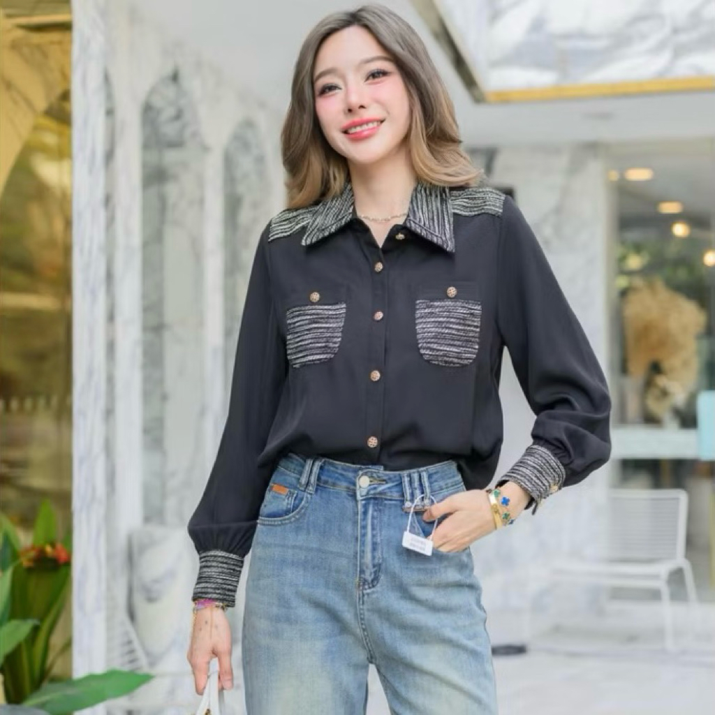 B76 เสื้อเชิ้ตแขนยาว แต่งปกเสื้อ กระเป๋าทวิช สวยหรู