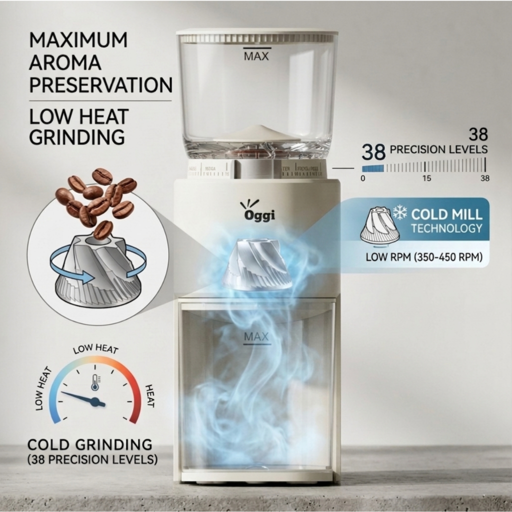 ใหม่ 2026 * Oggi Cold Mill CM6 เครื่องบดกาแฟรอบต่ำ ความร้อนต่ำ ถนอมรสชาติและความหอม ปุ่มหมุนดิจิตอล รองรับการชงทุกรูปแบบ