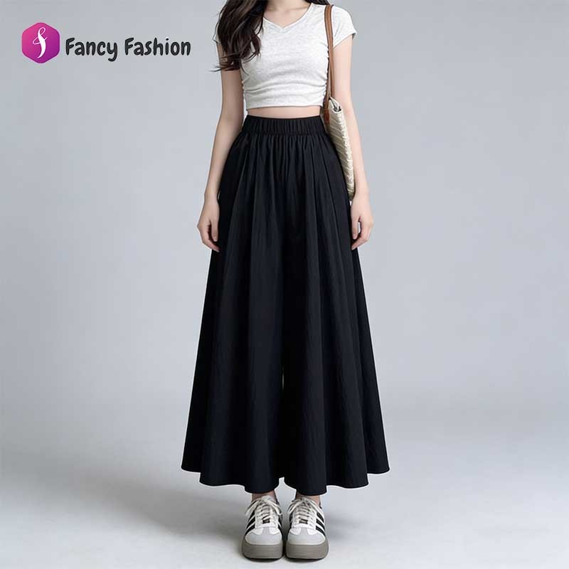 Fancy กางเกงขายาวขากว้างสาวอวบผู้หญิงสีพื้น เอวยางยืด สาวอวบ ไตล์เกาหลีแฟชั่น กางเกงทรงหลวมไซส์ใหญ่