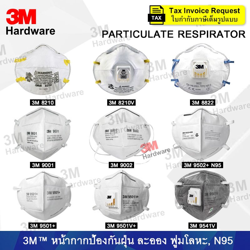 3M Mask หน้ากากกรองอนุภาค9001 9002, 9502 9501 ป้องกันฝุ่นN95 1860, 8210, 8822 (1 ชิ้น) คาร์บอน 9541V
