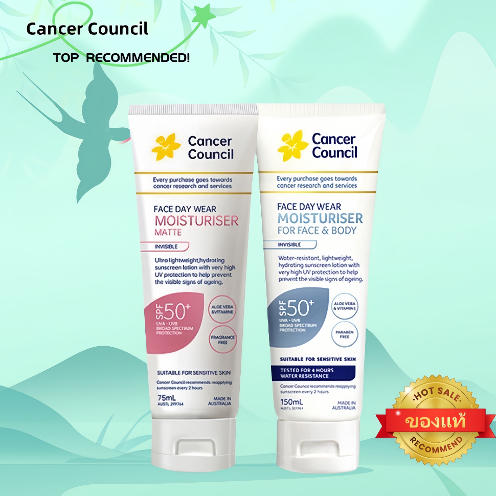 ของแท้%Cancer Council Australia Face Day Wear Moisturiser Matte SPF50+PA++++UVA UVB 75ml กันแดดสำหรับผิวแพ้ง่าย ผิวบอบบา