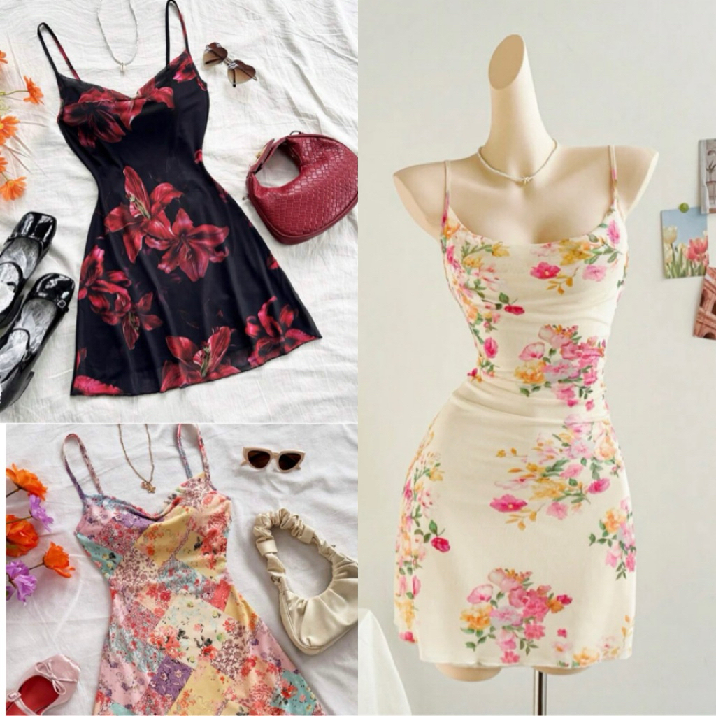มินิเดรสสายเดี่ยวพิมพ์พลายดอกไม้เลเยอร์Dress