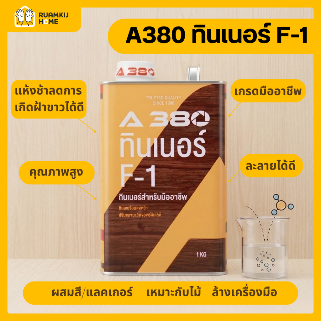 ทินเนอร์ A380 Thinner F-1 ทินเนอร์ผสมสีย้อมไม้ แป้งอุดเสี้ยน และสีโป๊ว 1 kg. เหมาะสำหรับงานไม้ เฟอร์