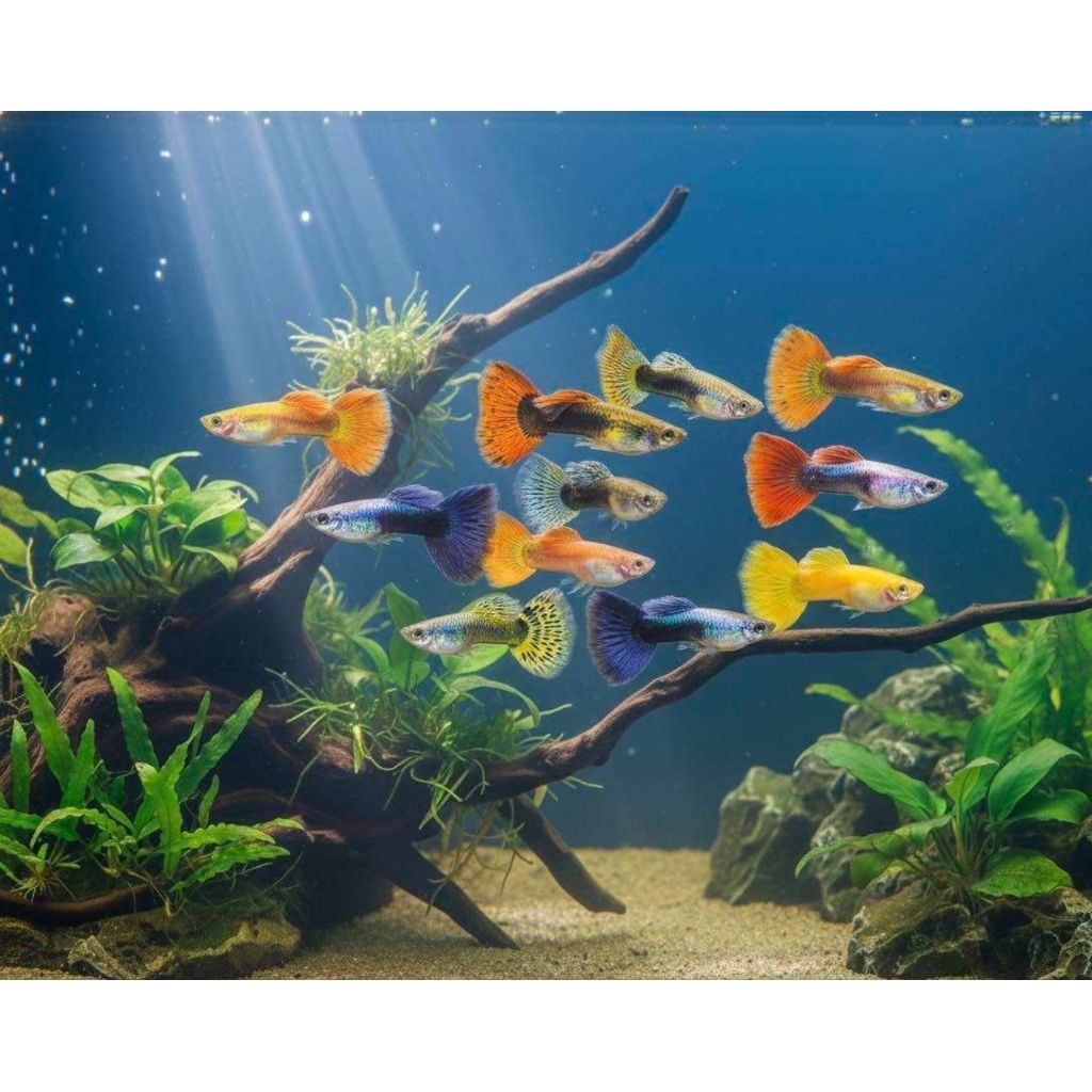 Mixed color guppies, mixed males and females, mixed strains, 10 baht each, 10 fish for 10.