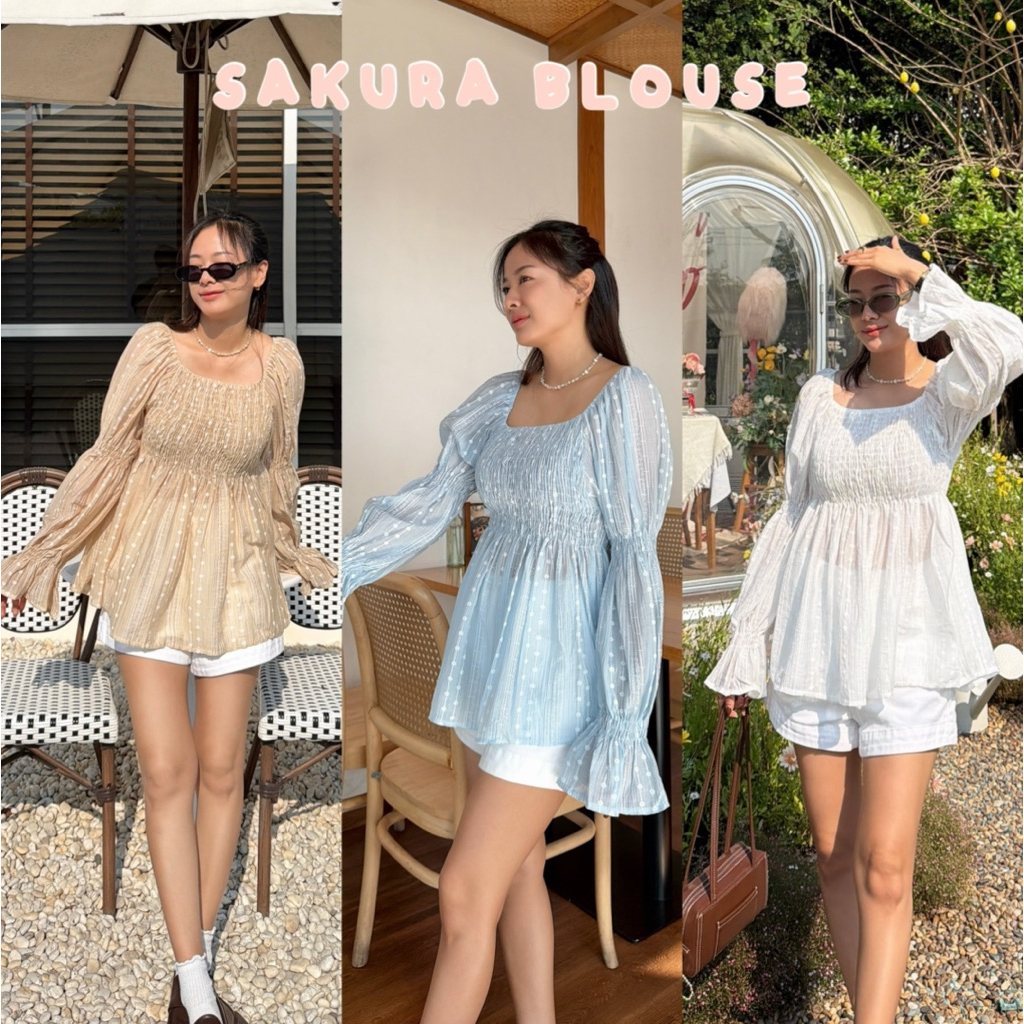 มาใหม่ 𝗦𝗔𝗞𝗨𝗥𝗔 𝗕𝗟𝗢𝗨𝗦𝗘 เสื้อแขนยาว เนื้อผ้าบางเบาลายดอกไม้ แขนทรงบอลลูน