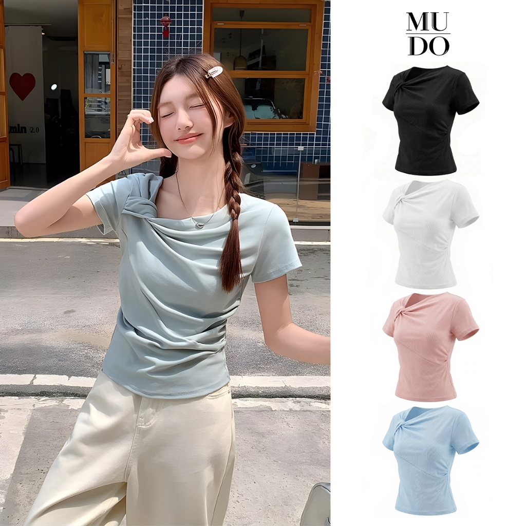 MUDO เสื้อแขนสั้นผู้หญิง สไตล์ฝรั่งเศส ดีไซน์คอเอียงตัดไหล่ตรง มีรายละเอียดผูกมัด ดีไซน์จีบอสมมาตร สไตล์หวานนุ่มนวล#1009