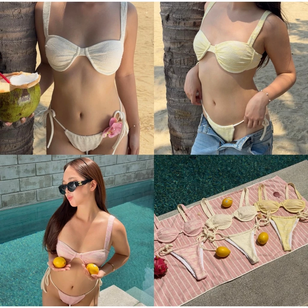 Mimikini bikini by Duex Studio (XS-2XL) บิกินี่ท่อนบนทรงcorset ผ้าลูกไม้สีตัดกัน