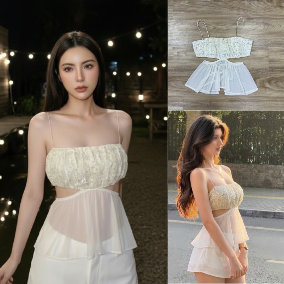 ambellaพร้อมส่ง เสื้อสายเดี่ยวแต่งฉลุต่อผ้าชีฟองด้านล่างสวยเซ็กซี่ดูคุณหนูลุคดูแพง