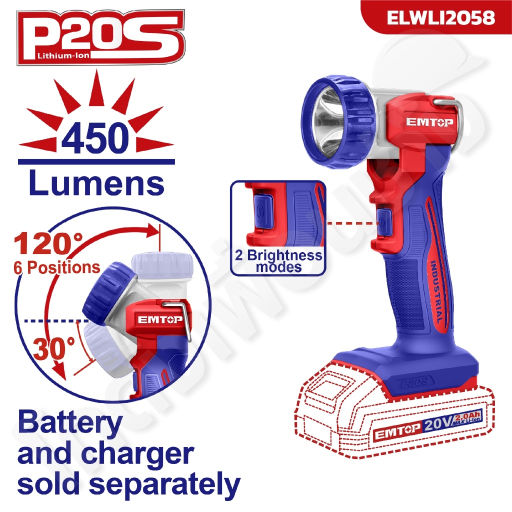 EMTOP ไฟฉายแบต แรงดันไฟฟ้า 20V 2 ระดับความสว่าง รุ่น ELWLI2058