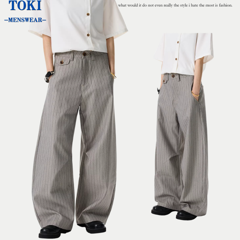 toki-กางเกงสูทผู้ชาย ลายทางสีเทาอ่อนขากว้าง ผ้าดีใส่สบาย แฟชั่นเกาหลี สไตล์วินเทจใส่ง่ายทุกชุดM-3XL