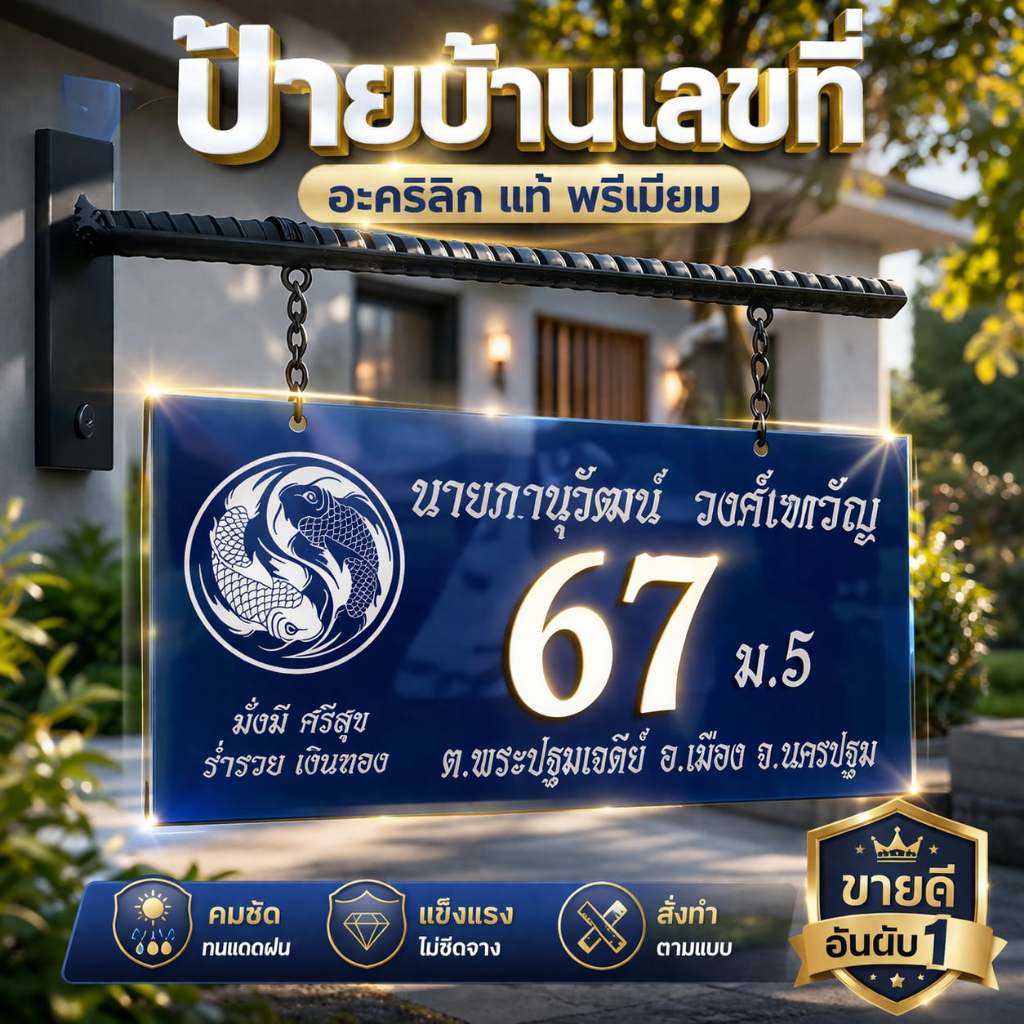 ป้ายบ้านเลขที่ อะคริลิกแท้ กันแดด กันฝน | ป้ายหน้าบ้าน สั่งทำ