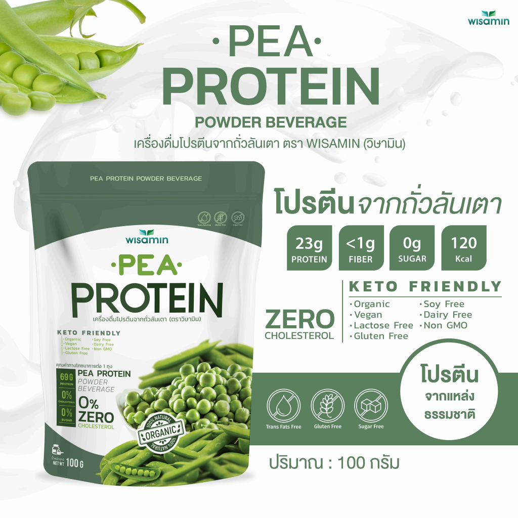 Pea Protein isolate 100% โปรตีนจากถั่วลันเตา (ตราวิษามิน) จำนวน 1 ถุง 100 กรัม ออแกรนิค วีแกน ปลอด GMO ปลอดกลูเตน