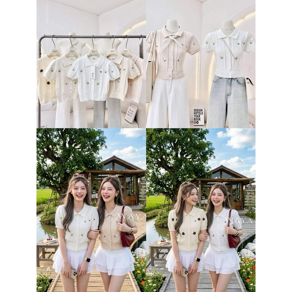 🧸WA YA🧸 เสื้อทรงคอวีผ้าไหมพรมทอลายดอกไม้ดีเทลทอลายเปีย