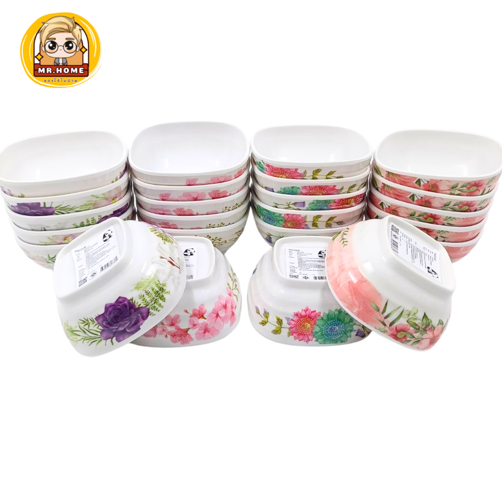 ถ้วยเล็ก 4.5 นิ้ว ทรงเหลี่ยม ลายดอก   เนื้อหนา (ชุด 6 ใบ)