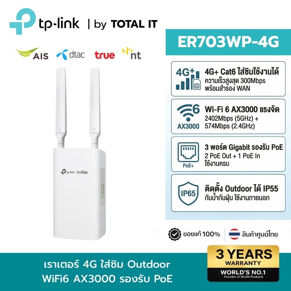 TP-Link ER703WP-4G Omada Outdoor 4G LTE VPN Router เราเตอร์ใส่ซิม 3 พอร์ต PoE+ ประกันศูนย์